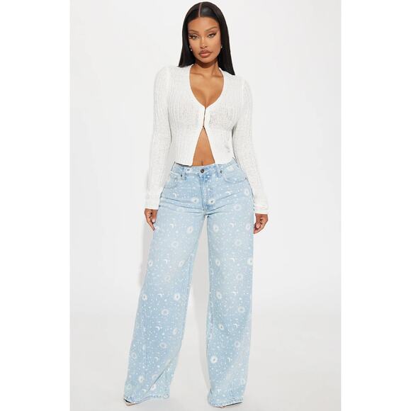 Fashionova Women Baggy Jeans Sz.9 Blue NWT Star Aligning print Jeans boho Y2K - Picture 2 of 9